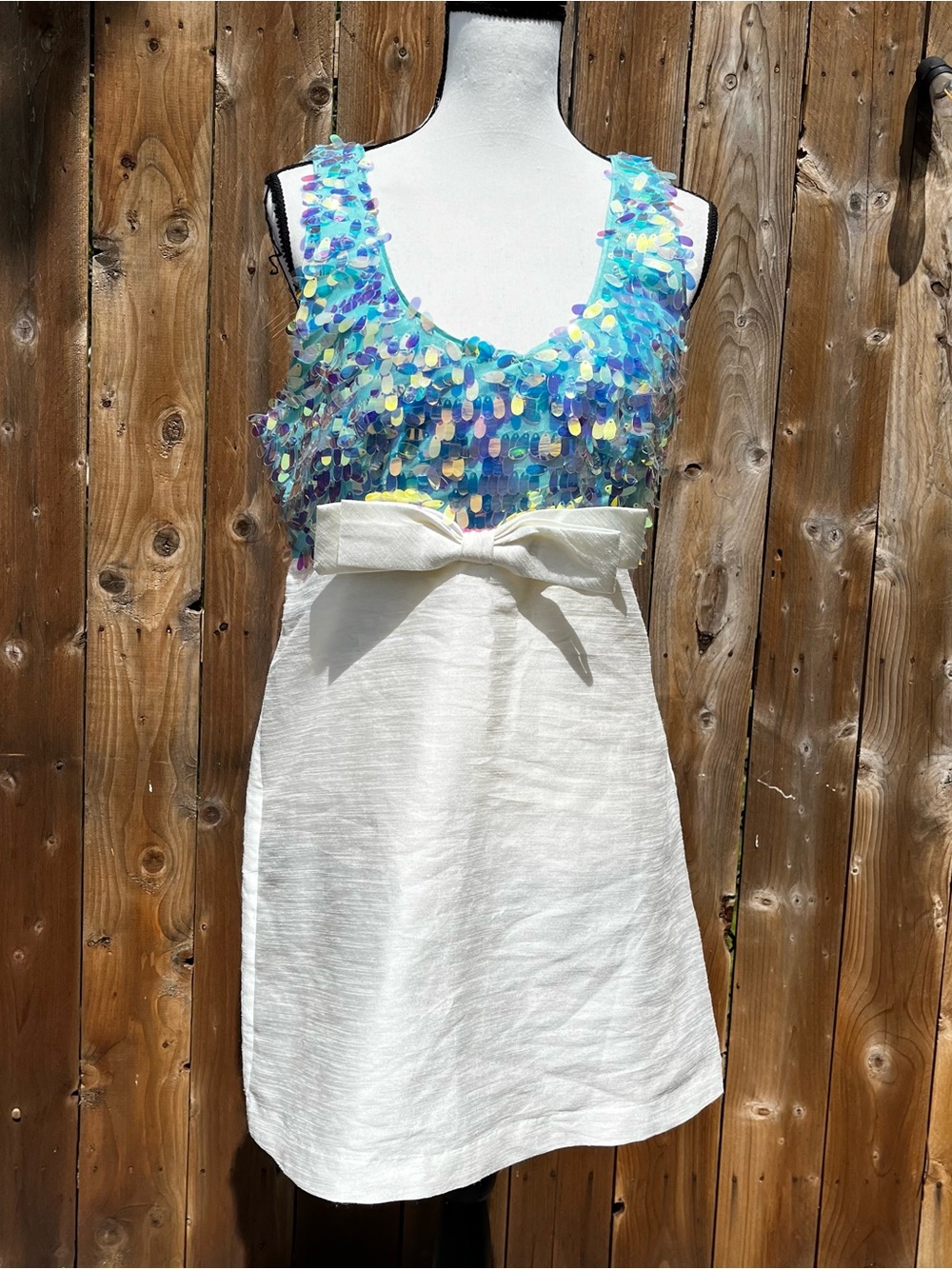 Brand New Kimchi Blue Iridescent Sequin Bodice White Bow Dress